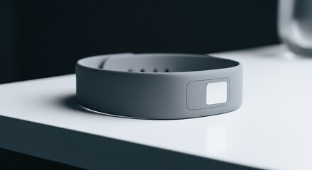 Minimalist gray fitness tracker smart band resting on a white surface, close-up shot of modern wearable technology for health and activity monitoring.
