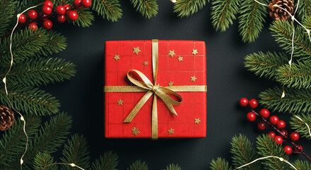 Festive red Christmas gift box with gold stars, framed by pine branches, berries, and fairy lights on a dark background, top view.