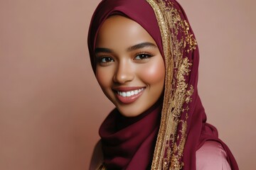 Young woman with dark skin wears an ornately decorated, deep red head covering.