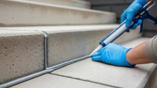 Man applying sealant with caulk gun to outdoor concrete stair steps for building maintenance.