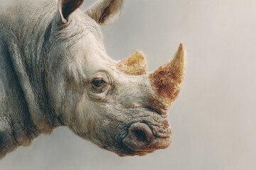 A large artistic portrait of a rhinoceros in profile against a neutral light background.  