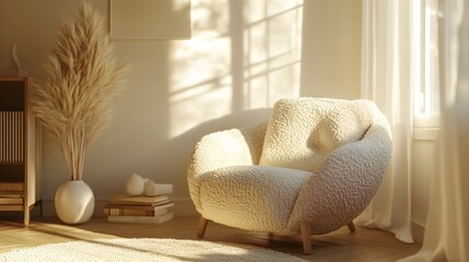 Cream boucle armchair by window with pampas grass white