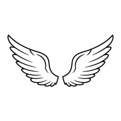 Fototapeta premium Simple black outline drawing of a pair of symmetrical angel wings with feather details, perfect for graphic design elements.