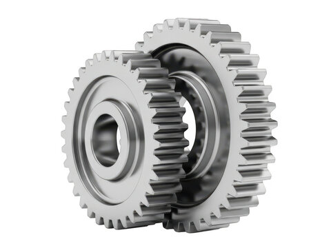 Silver metal gears interlocking isolated on transparent background