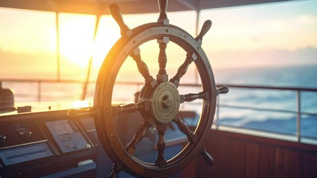 Wooden ship's wheel on a boat at sea during a golden sunset
