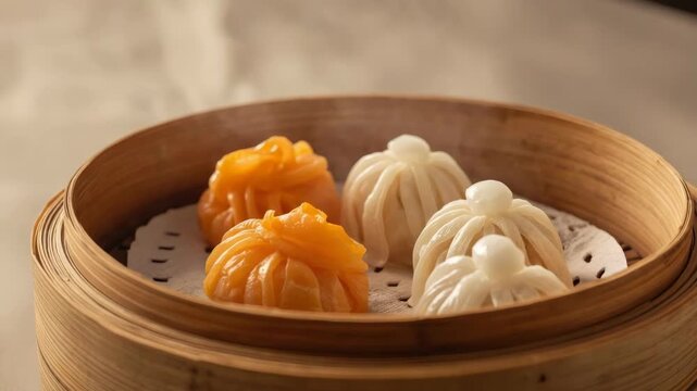 Steaming soup dumpling assortment bamboo steamer with golden white xiao long bao orange and white