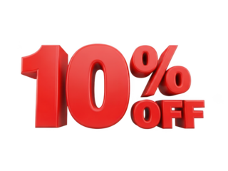 Red 3d text ten percent off sign isolated on transparent background