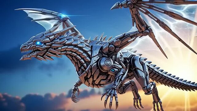 Majestic metallic dragon with glowing eyes soaring through the epic sky.