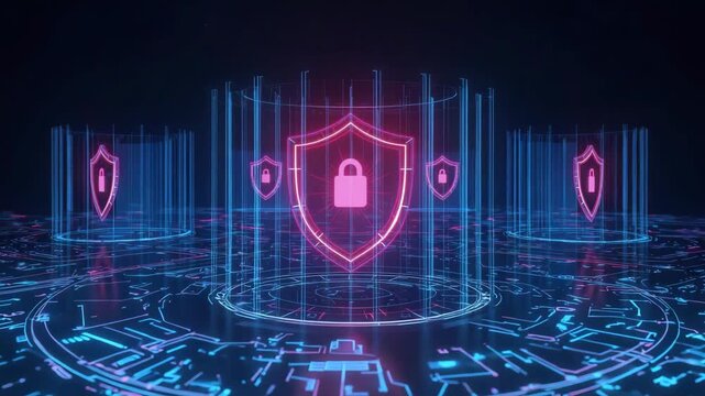 Neon cybersecurity shield padlock hologram projecting over neon circuit grid with floating shield