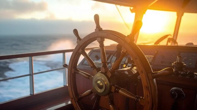 Wooden Ship's Wheel on a Boat Deck with Golden Sunset Over Ocean