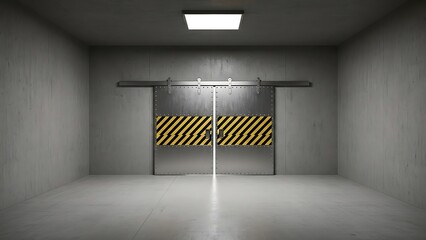 Empty square room with Realistic metal sliding doors with warning striped tape