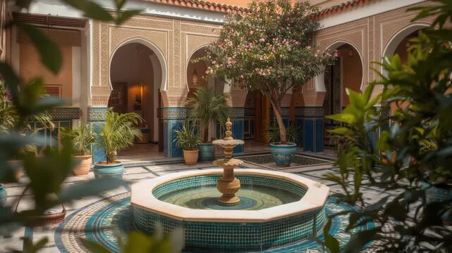 Ornate Moroccan courtyard with tiled fountain, mosaic tile pool, potted plant filled arch