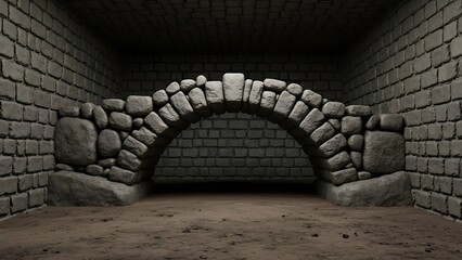 Empty square room with stone arch ancient bridge made of boulders