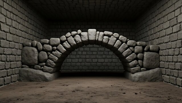 Empty square room with stone arch ancient bridge made of boulders