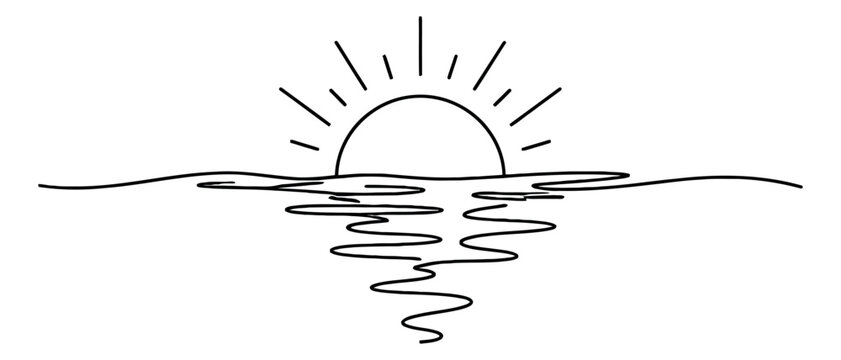 Hand drawn line art illustration of a sun depicting a sunrise or sunset on the ocean for nature and travel design