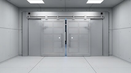 Empty square room with Sliding metal Reservation gateway with sliding doors or gates, exit portal