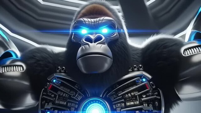 Powerful Cybernetic Gorilla in Futuristic Laboratory Setting with Glowing Blue Lights.