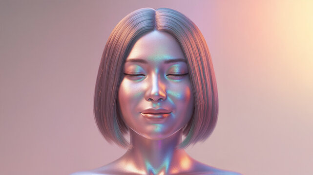 虹色に輝くメタリックな質感の女性の顔、近未来的なAIアンドロイドのポートレート