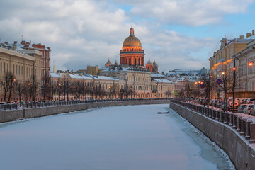 St. Isaac's Cathedral and the Moika River embankment on a winter morning, St. Petersburg, Russia