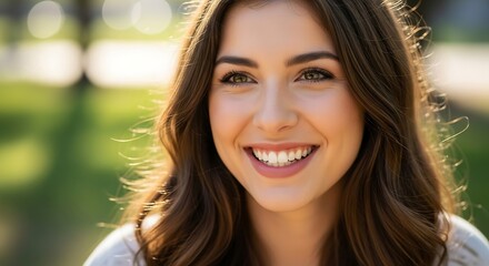 Obraz premium Womans radiant smile in sunlit nature