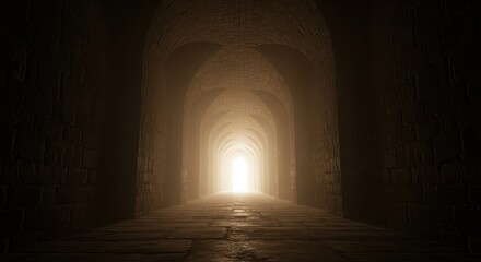 Mysterious stone corridor extends toward a bright source of light at its end