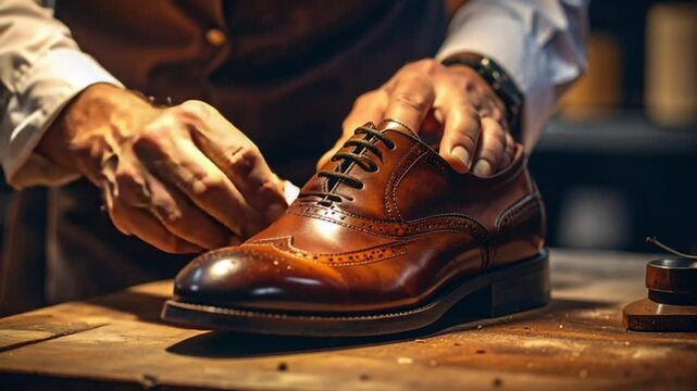 Craftsman polishing elegant leather brogue shoe with dedication