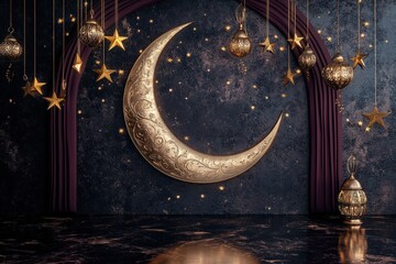 Ornate golden crescent moon and celestial decorations adorn a dark, textured background with rich drapery