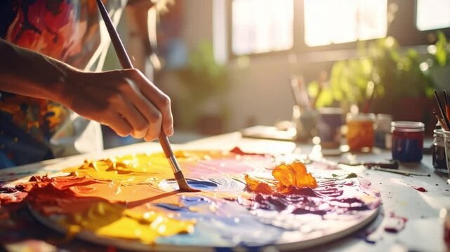 Artist's hand mixing vibrant colors on a palette in a sunlit studio