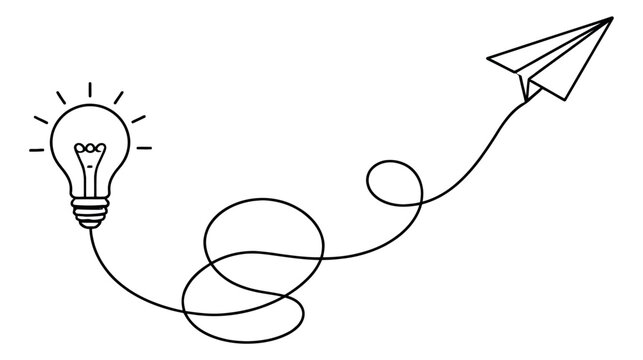 Hand drawn line art illustration of a light bulb and paper airplane depicting an idea taking flight for creative thinking