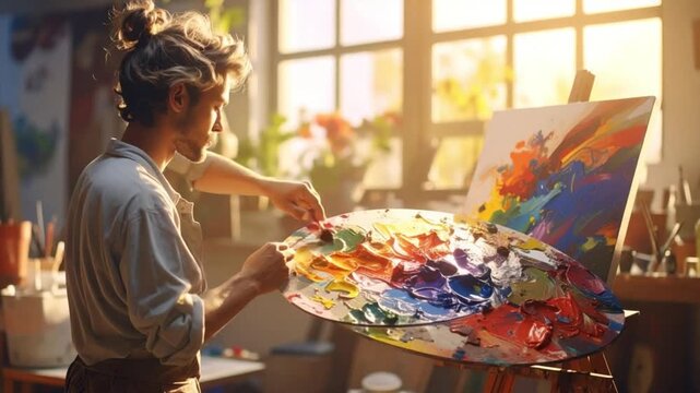 Male artist mixing vibrant oil paints on palette in sunlit art studio