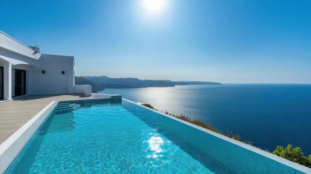 Seaside infinity pool terrace modern villa overlooking sunlit ocean and cliffs, serene luxury escape