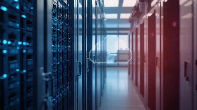 Cloud data center aisle with server rack corridor network cloud storage glowing racks and cool