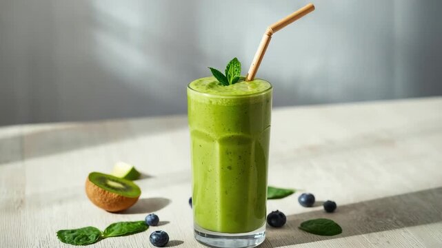 Green kiwi spinach smoothie with mint garnish and bamboo straw fresh healthy beverage