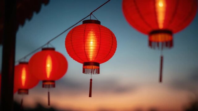 Red lantern paper lanterns glowing dusk sky with lantern light hanging decoration festival