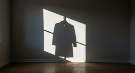 Obraz premium Long shadow of a coat hanging in a sunlit empty room contrasts with dark wall