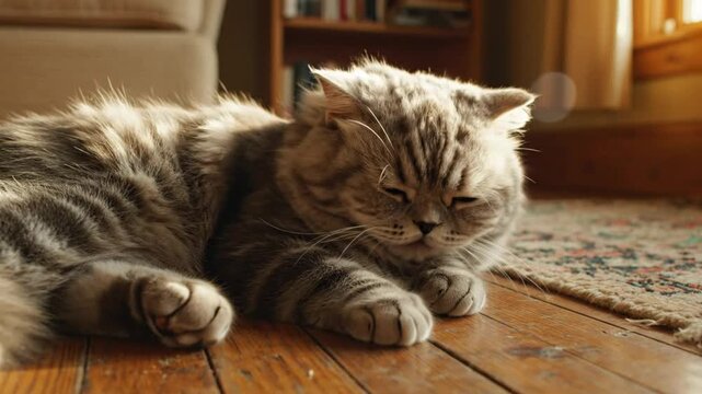 Cute cat relaxing on wooden floor, taking a nap in the warm afternoon sunshine with a soft purring sound