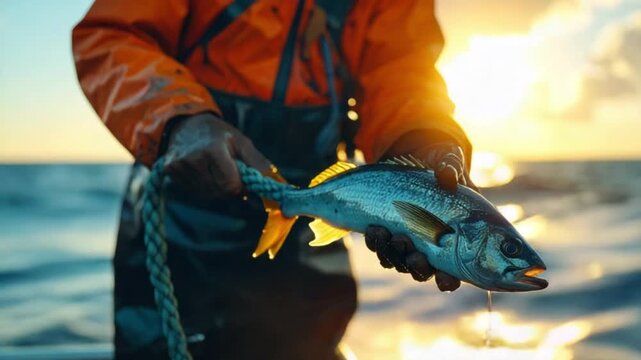Fisherman holding fresh fish at sunset on the ocean, a successful catch