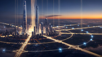 Futuristic cityscape at twilight with glowing skyscrapers and interconnected light trails representing advanced technology and smart infrastructure.