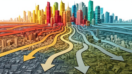 Dynamic urban landscape with colorful buildings and flowing arrows representing city development and interconnected pathways.