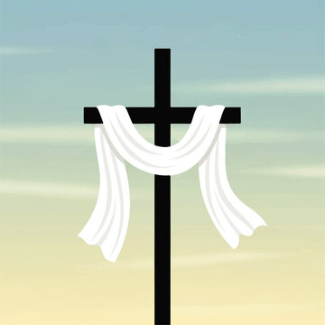 Vector flat design illustration of a black cross with white cloth draped over it against a serene gradient sky background.