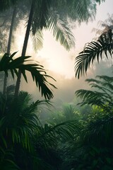 Fototapeta premium Dense jungle foliage with soft dawn light and fog forest