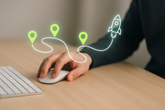 Digital Navigation: A person's hand guides the trajectory of a rocket, superimposed on a series of location markers, symbolizing innovation and journey.