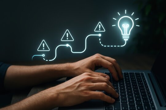 Illumination amidst Challenges: A person's hands diligently navigating a laptop, the interface illustrating the complex journey from early challenges to the bright bulb of innovative thought
