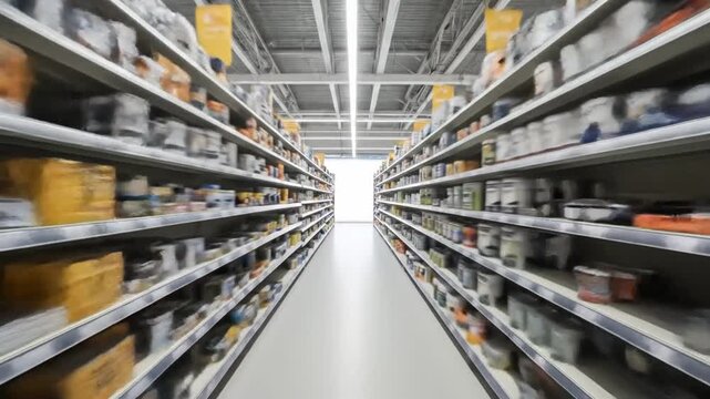 Perspective view of a hardware store aisle with shelves full of products.