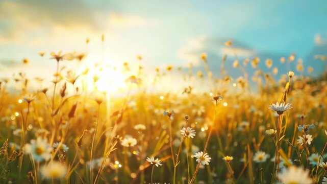 Golden sunrise over blossoming daisy field with gentle breeze