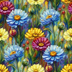 Vibrant Floral Impressionism - A Colorful Daisy Garden in Full Bloom.