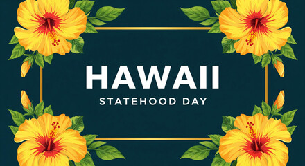Vibrant yellow hibiscus flowers frame the words hawaii statehood day on a dark teal background