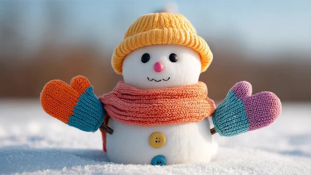 Cheerful snowman waving in winter wonderland with knitted mittens and hat
