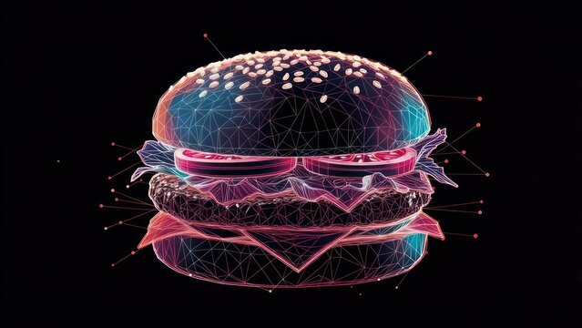 A stylized, 3D rendered hamburger, depicted with a wireframe polygonal mesh and vibrant neon colors, against a black background.  The burger's components are visible through the structure