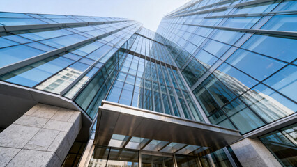 Low-angle view of a modern glass skyscraper with steel and concrete accents. Highlights architectural design, commercial business use, and urban cityscape elements.